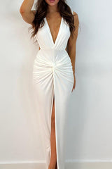 Twist V-neck Slit Backless Midi Dress