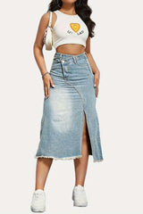 Asymmetrical Frayed Hem Slit Denim Midi Skirt