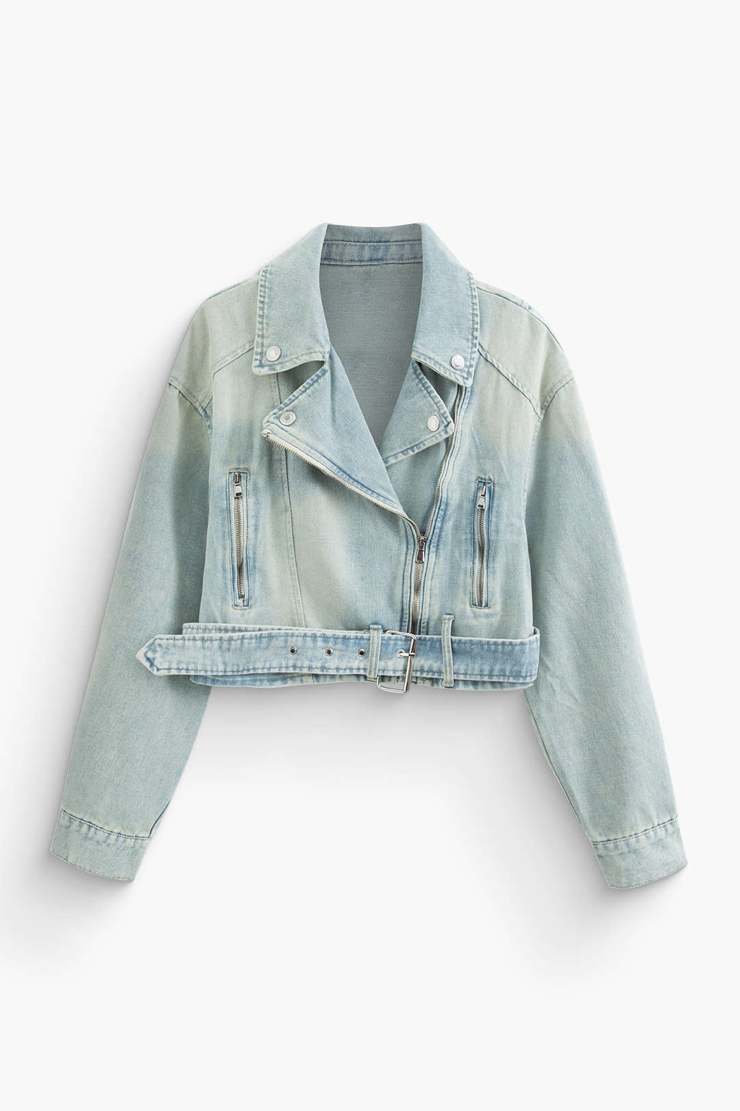 Notched Lapel Denim Zipper Belted Jacket