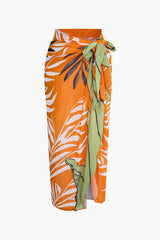 Bead Cut Out One Shoulder Swimsuit And Leaves Print Wrap Skirt Set