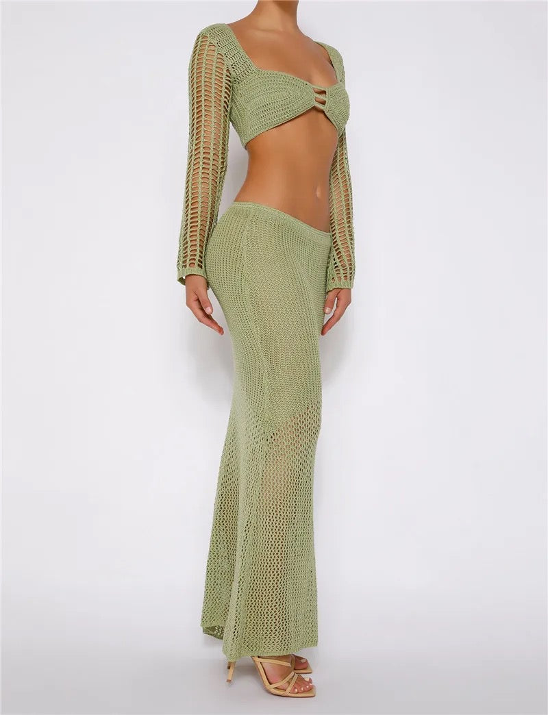 Crochet Knit Two Piece Crop Top and Maxi Skirt Set