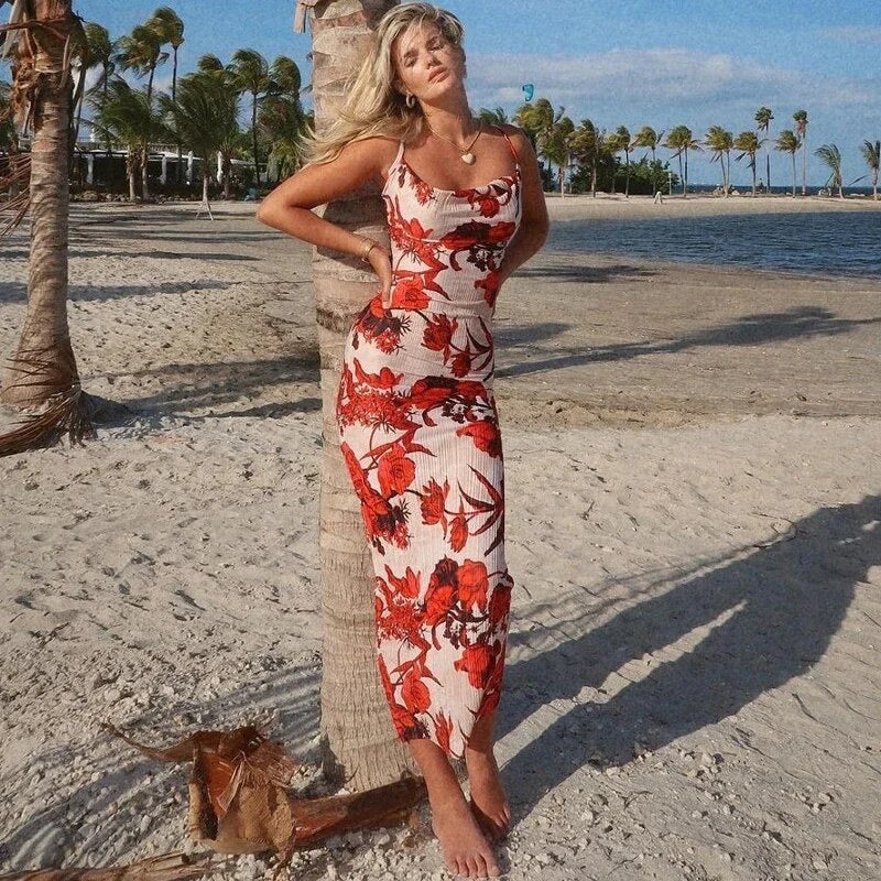 Plisse Red Rose Cowl Neck Maxi Dress