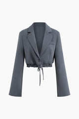 Notched Lapel One Button Drawstring Hem Crop Blazer