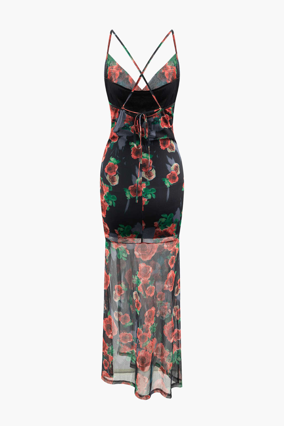 Floral Print Cowl Neck Mesh Cross Tie Back Maxi Dress