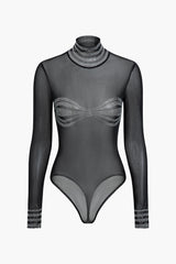 Turtleneck Rhinestone Embellished Sheer Mesh Long Sleeve Bodysuit