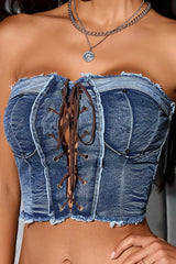 Frayed Trim Denim Braided Eyelet Tie Tube Top