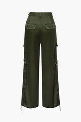 Drawstring Hem Satin Straight Leg Cargo Pants