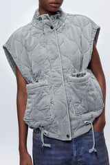 Stand Collar Drawstring Pocket Quilted Puffer Vest