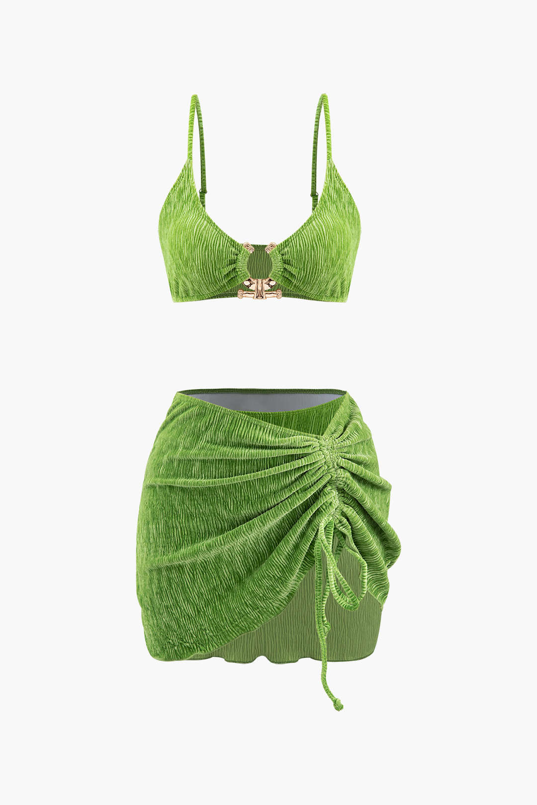 Velvet Textured U-ring Bikini And Sarong 3pc Set