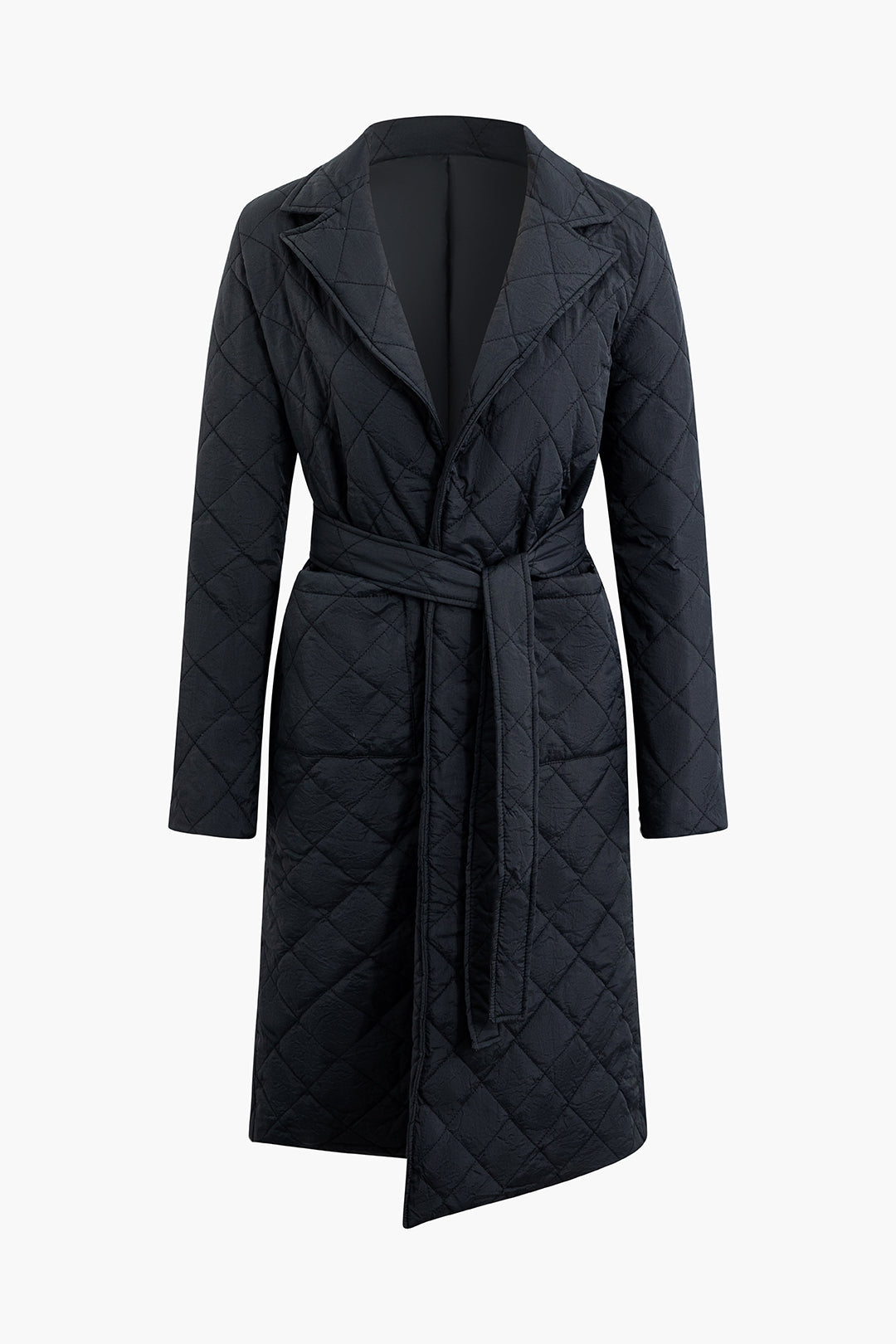 Quilted Notched Lapel Belted Long Coat