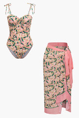 Floral Print Tie Strap One-piece Swimsuit And Knot Sarong Skirt Set