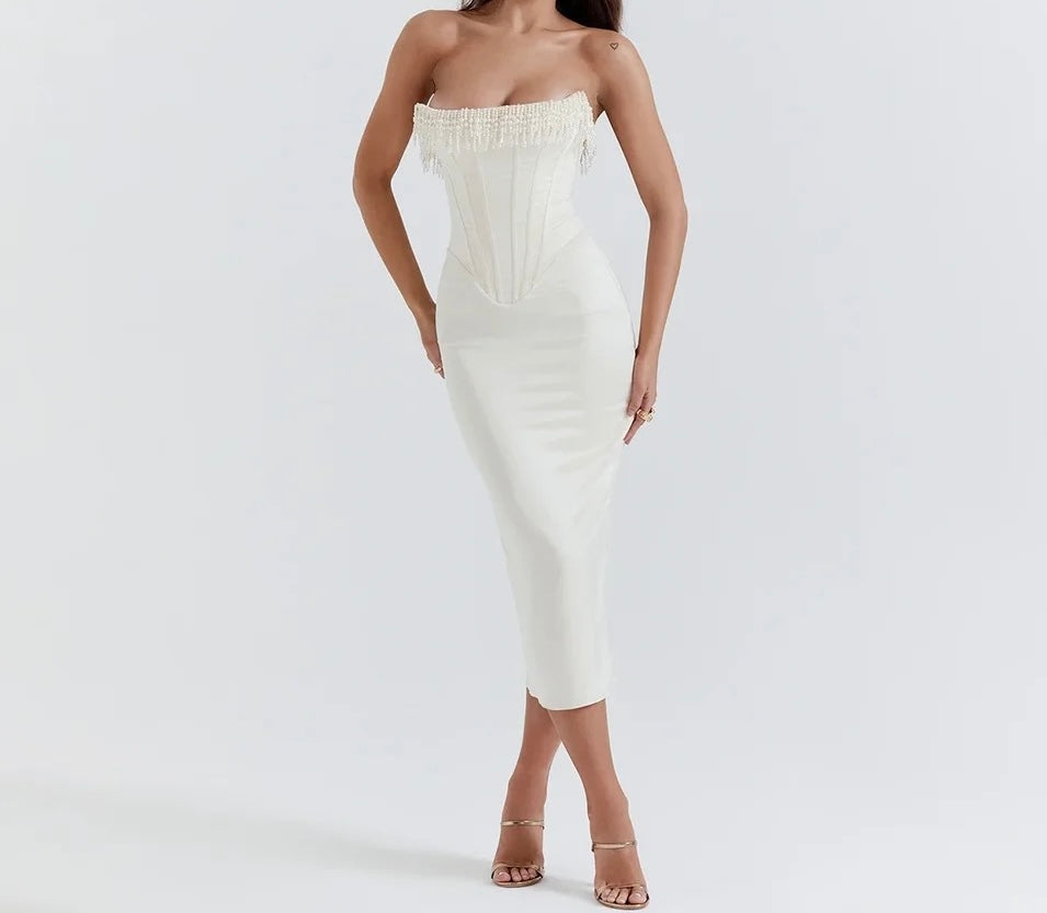 Luxe White Beading Satin Bodycon Dress