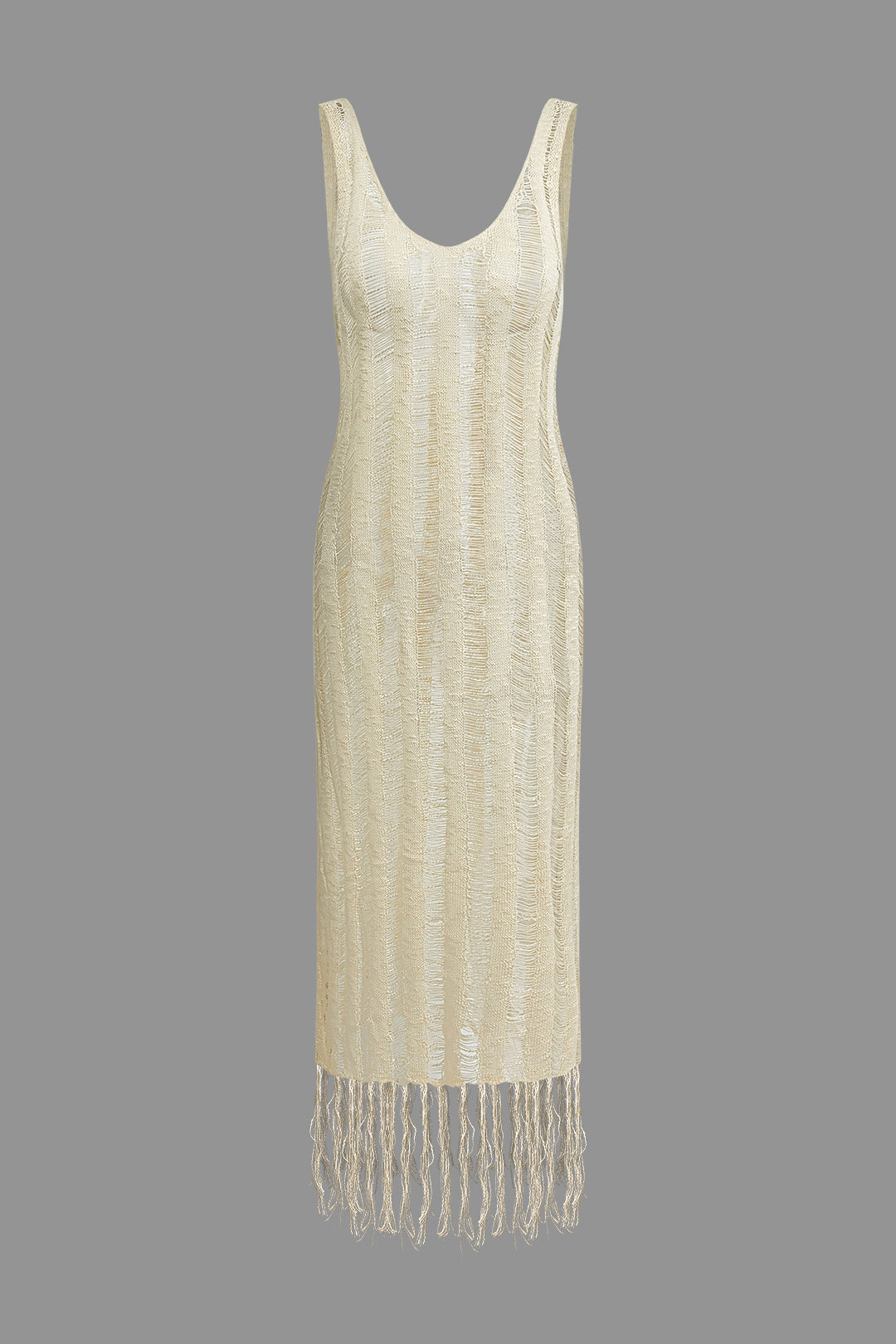 Distressed Ladder Fringe Hem V-neck Sleeveless Knit Maxi Dress