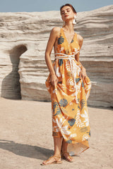 Leaves Print V-neck Rope Tie Backless Maxi Dress