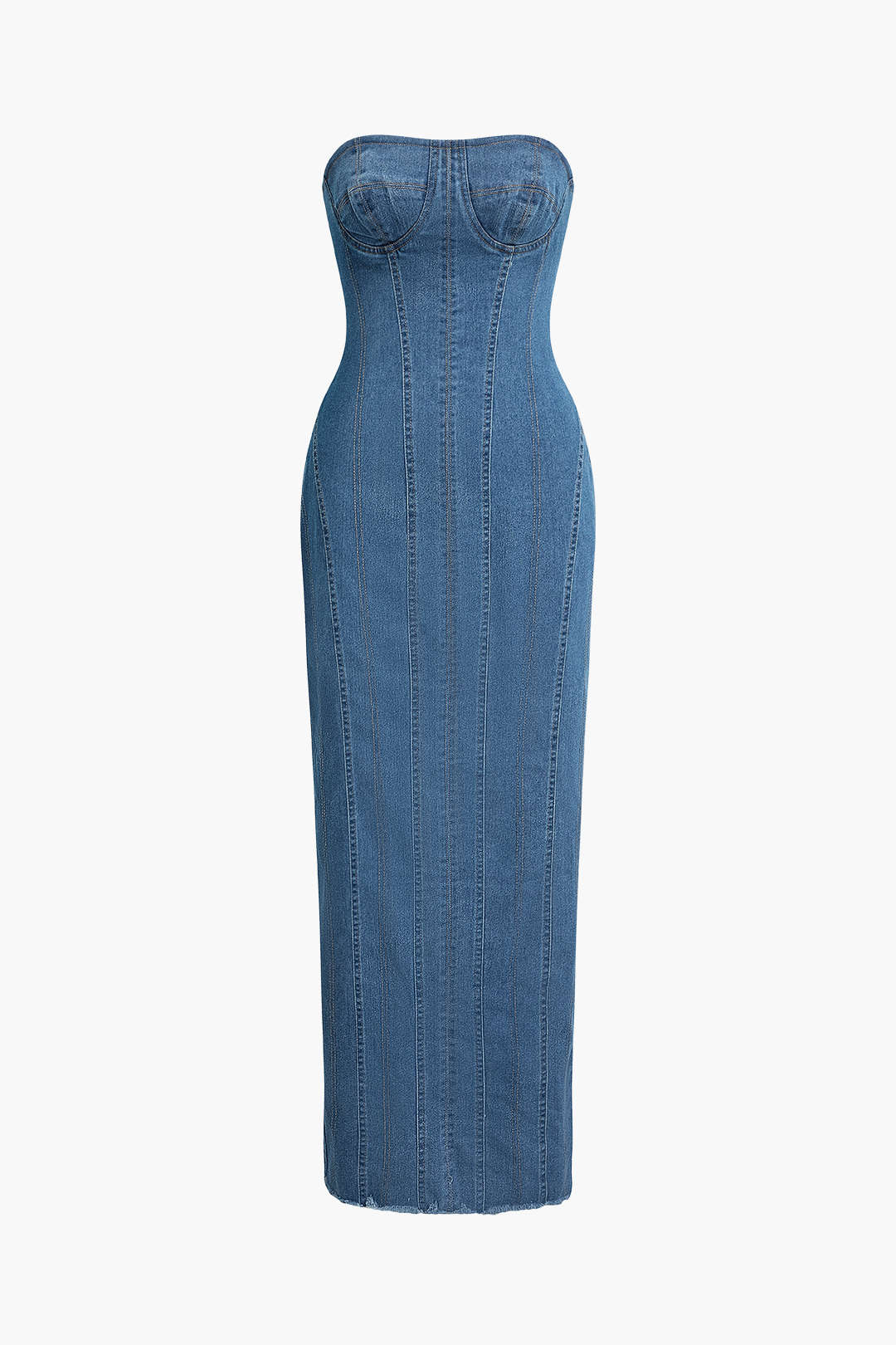 Seam Detail Zipper Slit Denim Strapless Maxi Dress