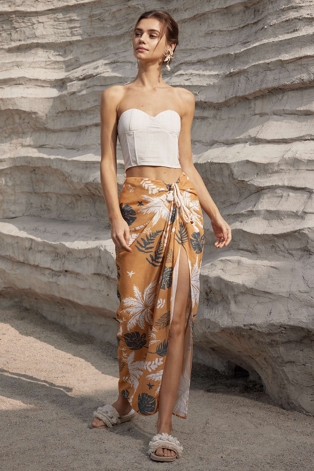 Leaves Print Knot Split Cover-Up Maxi Skirt