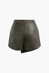 Faux Leather Asymmetric Flap Pocket Rivet Mini Skirt