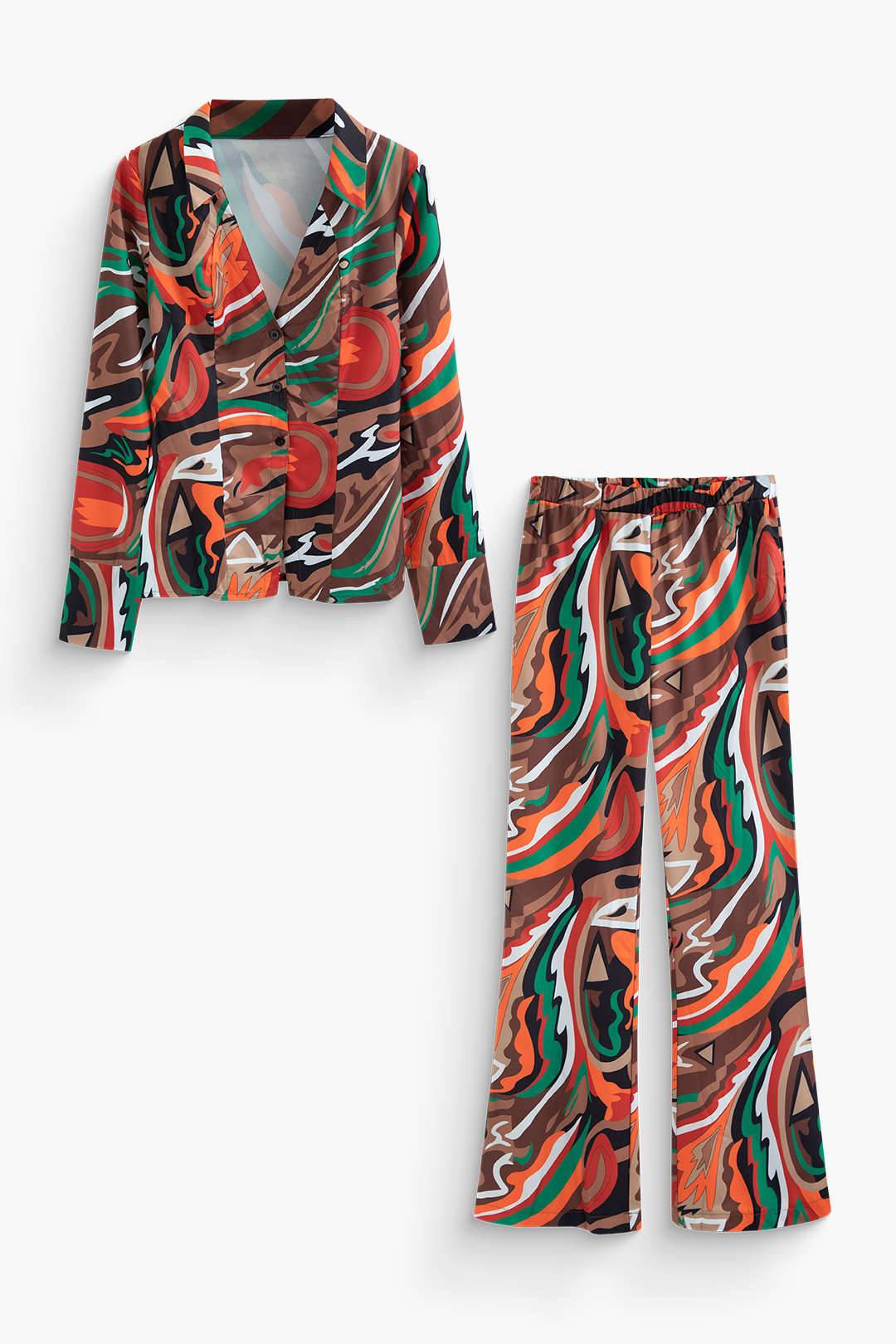 Printed V-neck Shirt And Wide Leg Pants Set