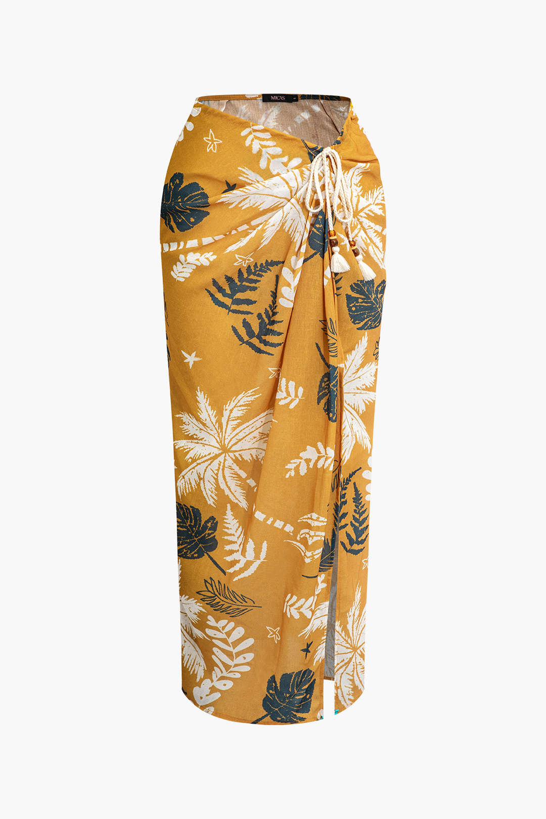 Leaves Print Knot Split Cover-Up Maxi Skirt