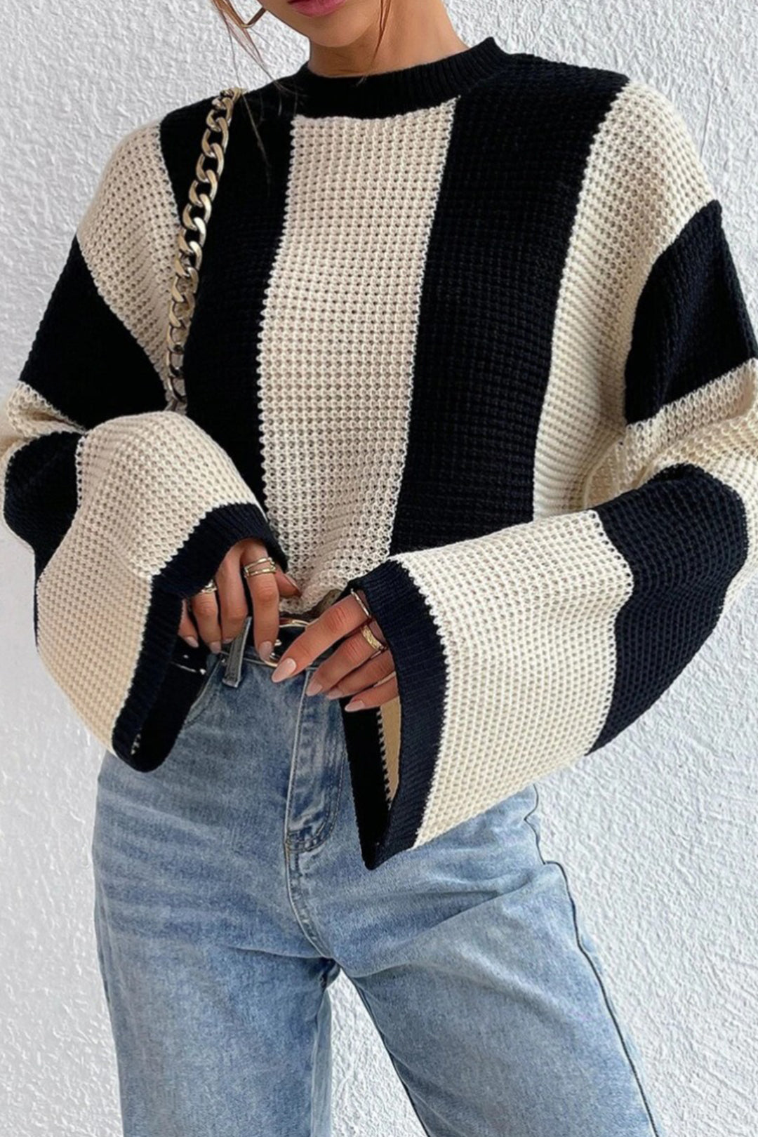 Contrast Stripe Bell Sleeve Knit Pullover Sweater