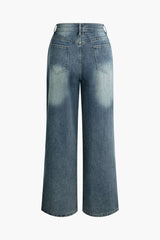 Faded Pleated Wide Leg Jeans