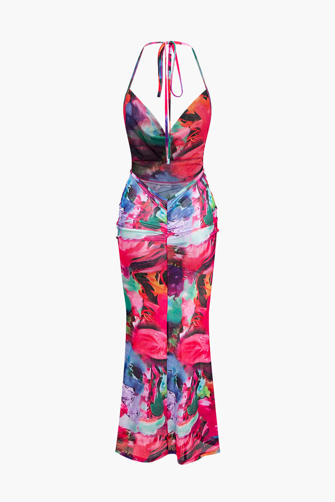 Printed Cowl Neck Halter Backless Maxi Dress