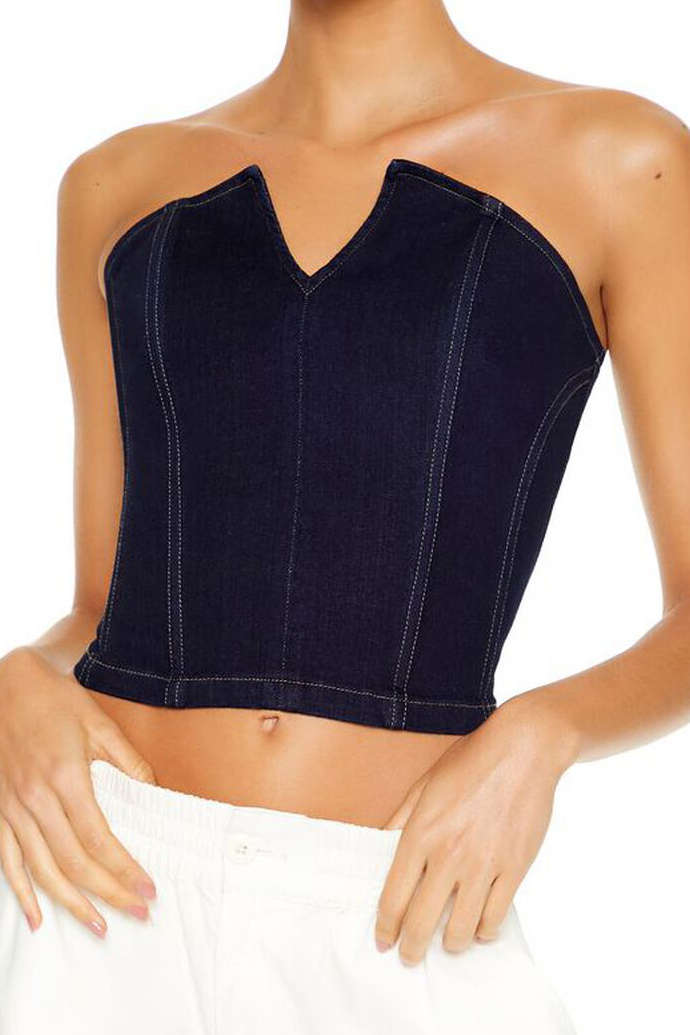 Zipper V-neck Strapless Denim Top