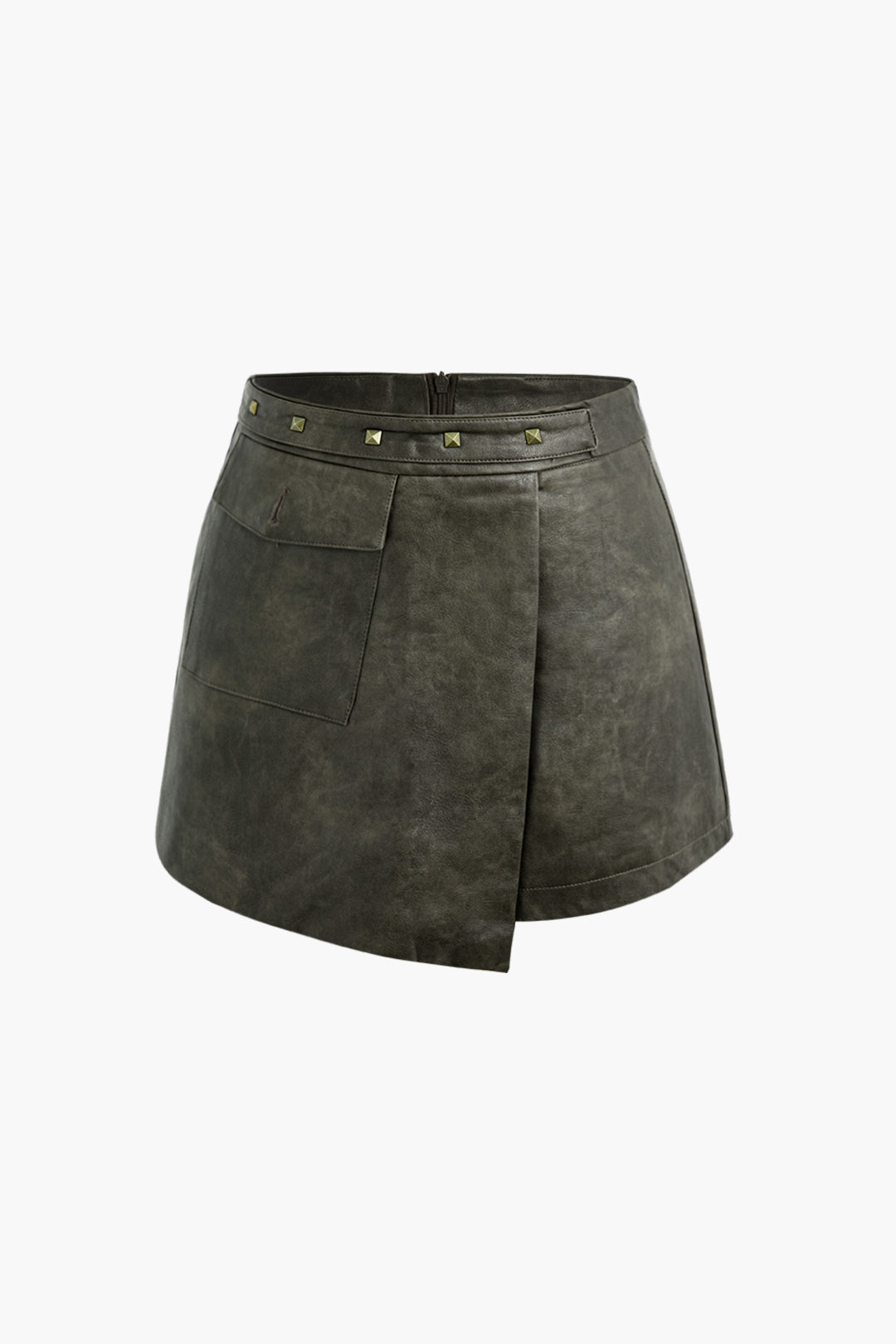 Faux Leather Asymmetric Flap Pocket Rivet Mini Skirt