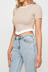 Contrast Trim Round Neck V-hem Rib Knit T-shirt