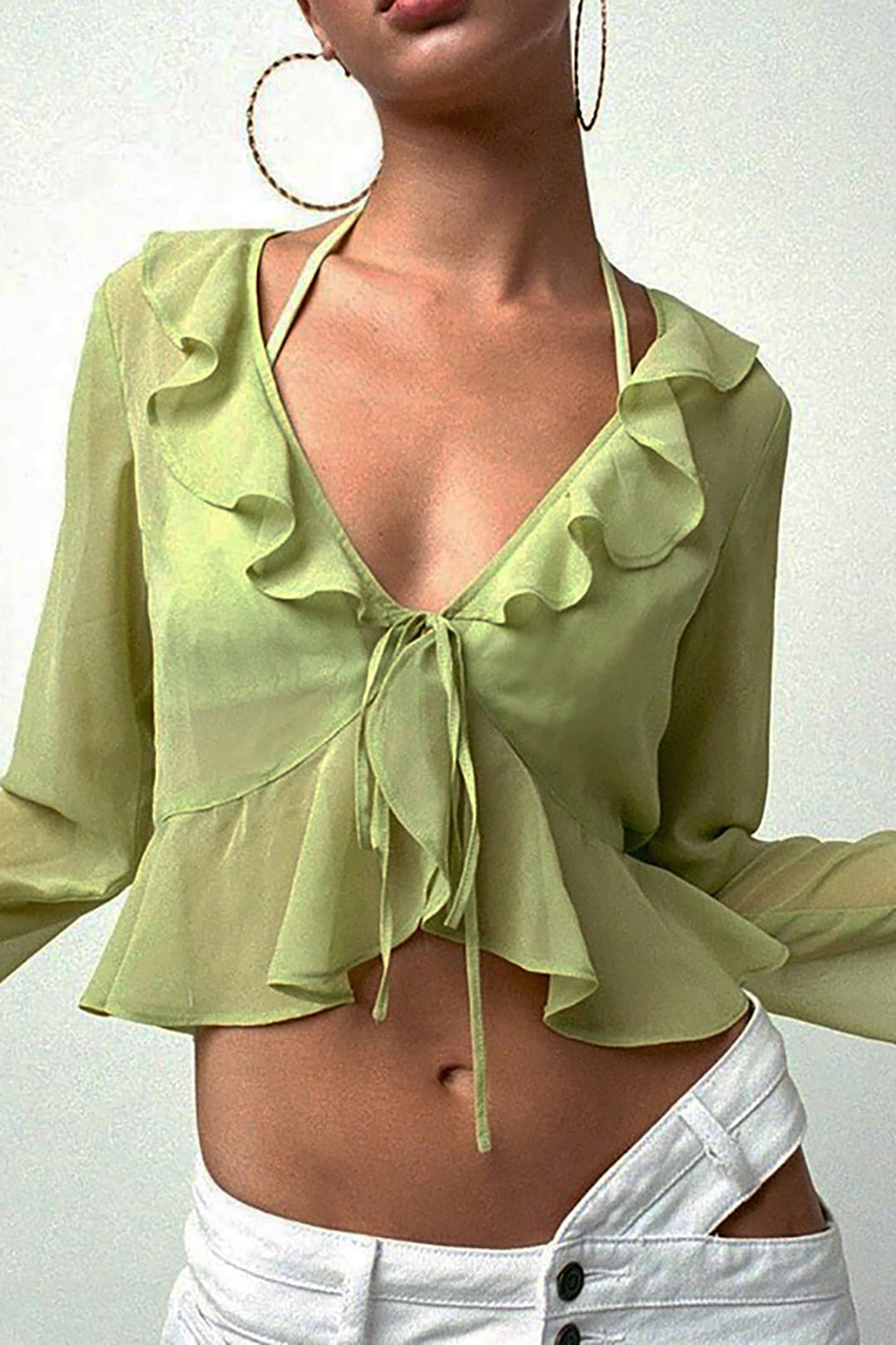 Deep V-neck Ruffle Tie Front Long Sleeve Crop Blouse