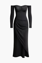 Off shoulder Ruched Slit Long Sleeve Maxi Dress