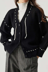 Contrast Stitching V-neck Button Knit Cardigan