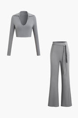 Open Collar Long Sleeve Crop Top And Tie Waist Flare Leg Pants Set