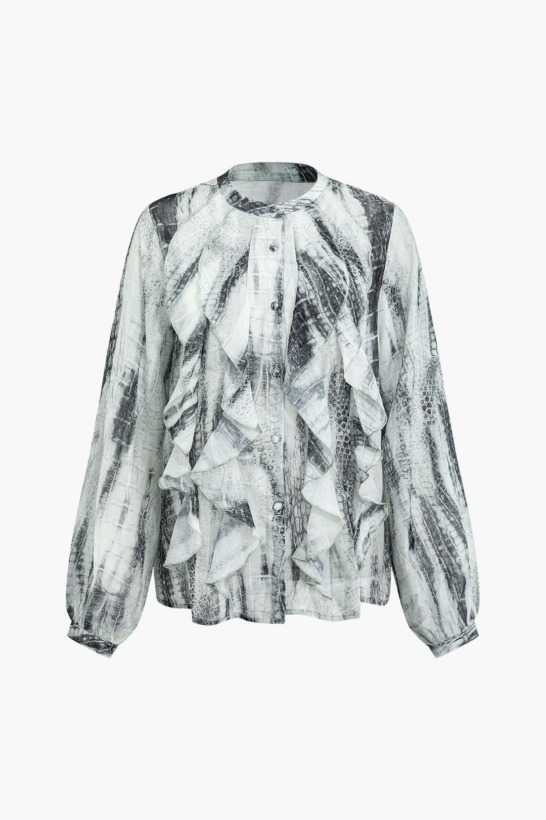 Printed Button Up Ruffle Front Long Sleeve Blouse