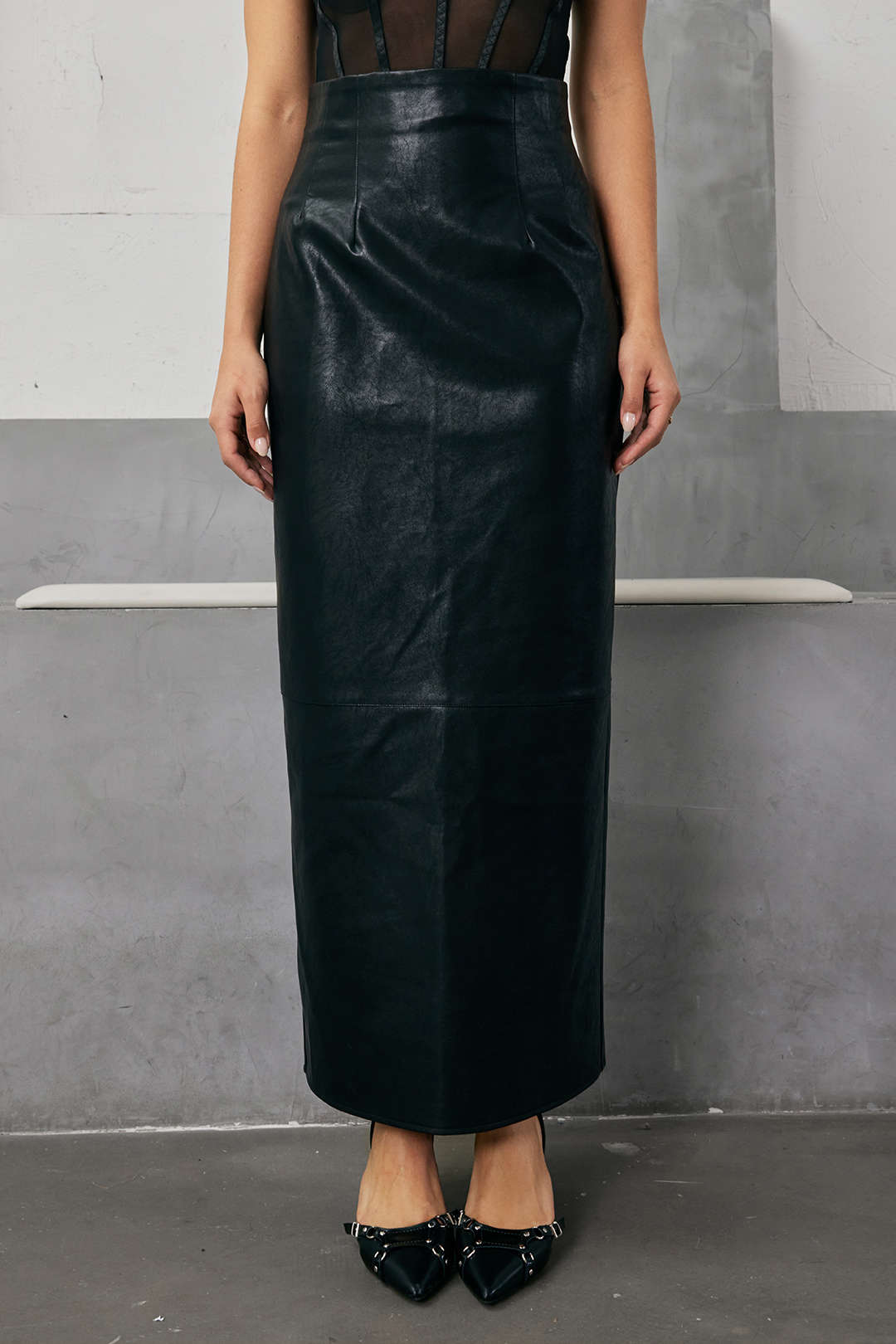 Faux Leather High Waist Split Midi Skirt