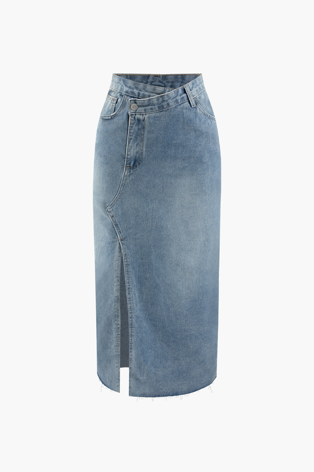 Asymmetric Denim Slit Midi Skirt