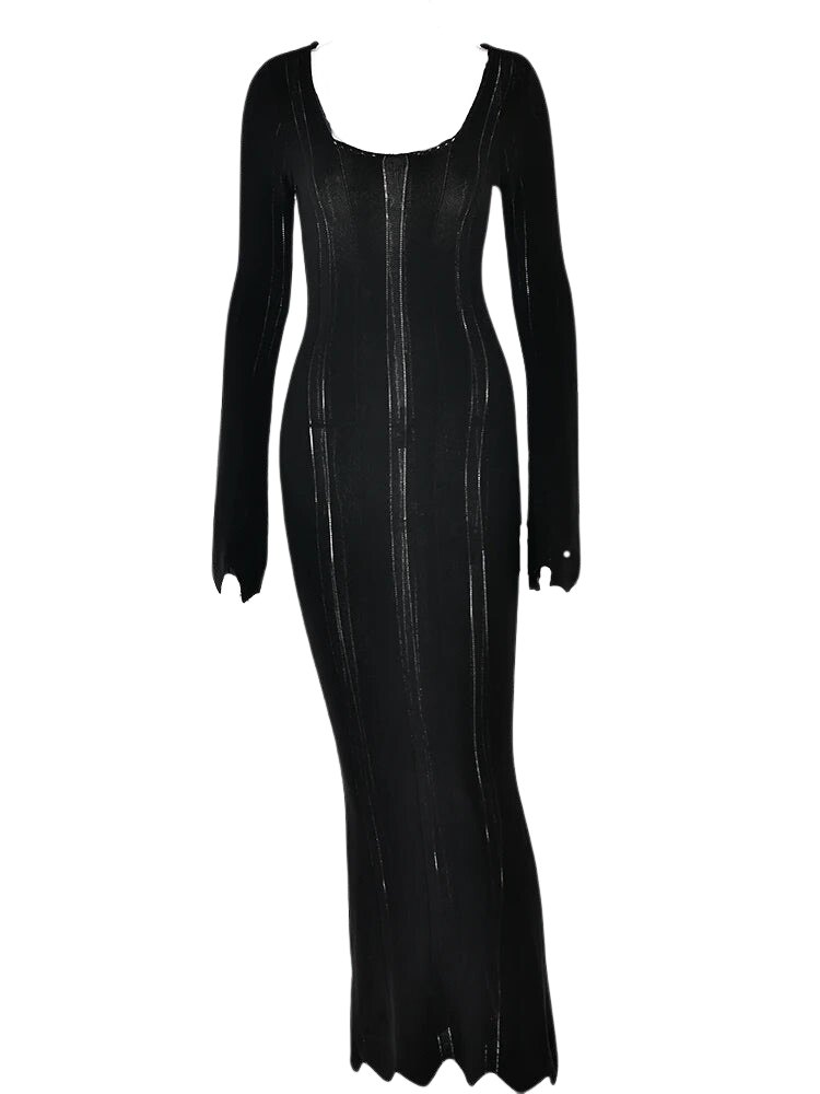 Knitted Sheer BlackLong Sleeved Maxi Dress