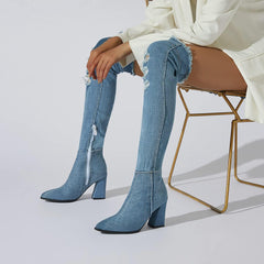 Light Blue Distressed Denim Over The Knee Boots