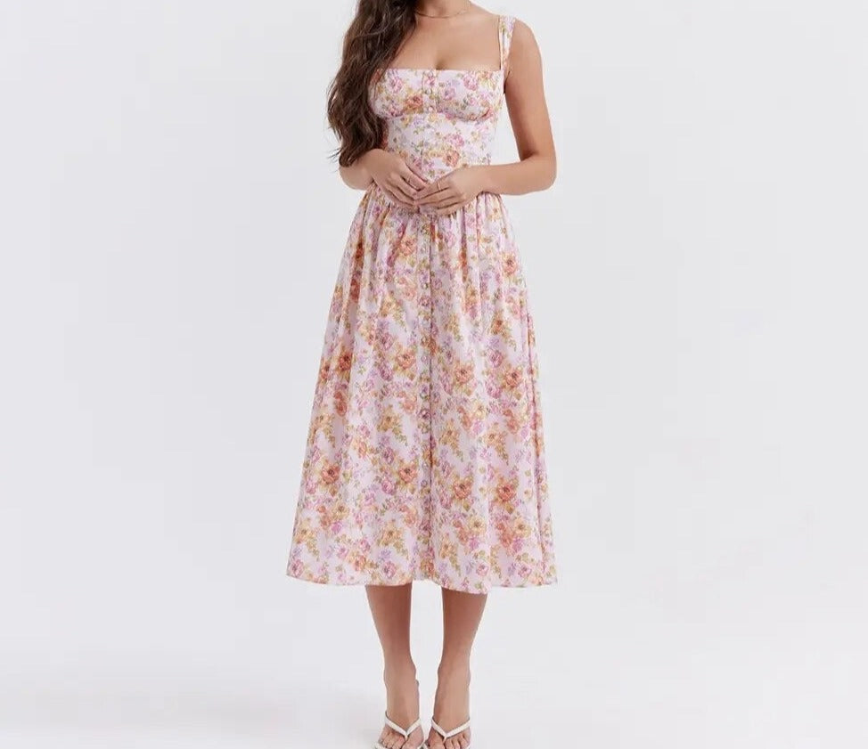 Floral Print Lace Up Midi Dress