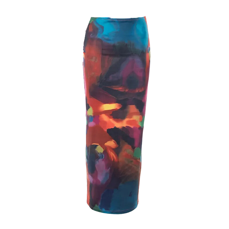 Tie Dyed Print Mesh Maxi Skirt