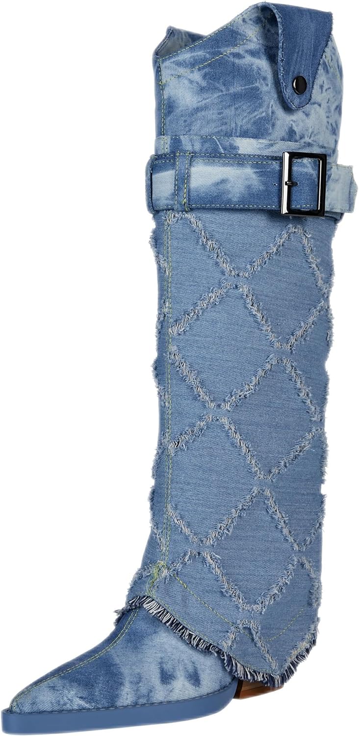 Diamond Textured Blue Denim Knee High Cowboy Boots