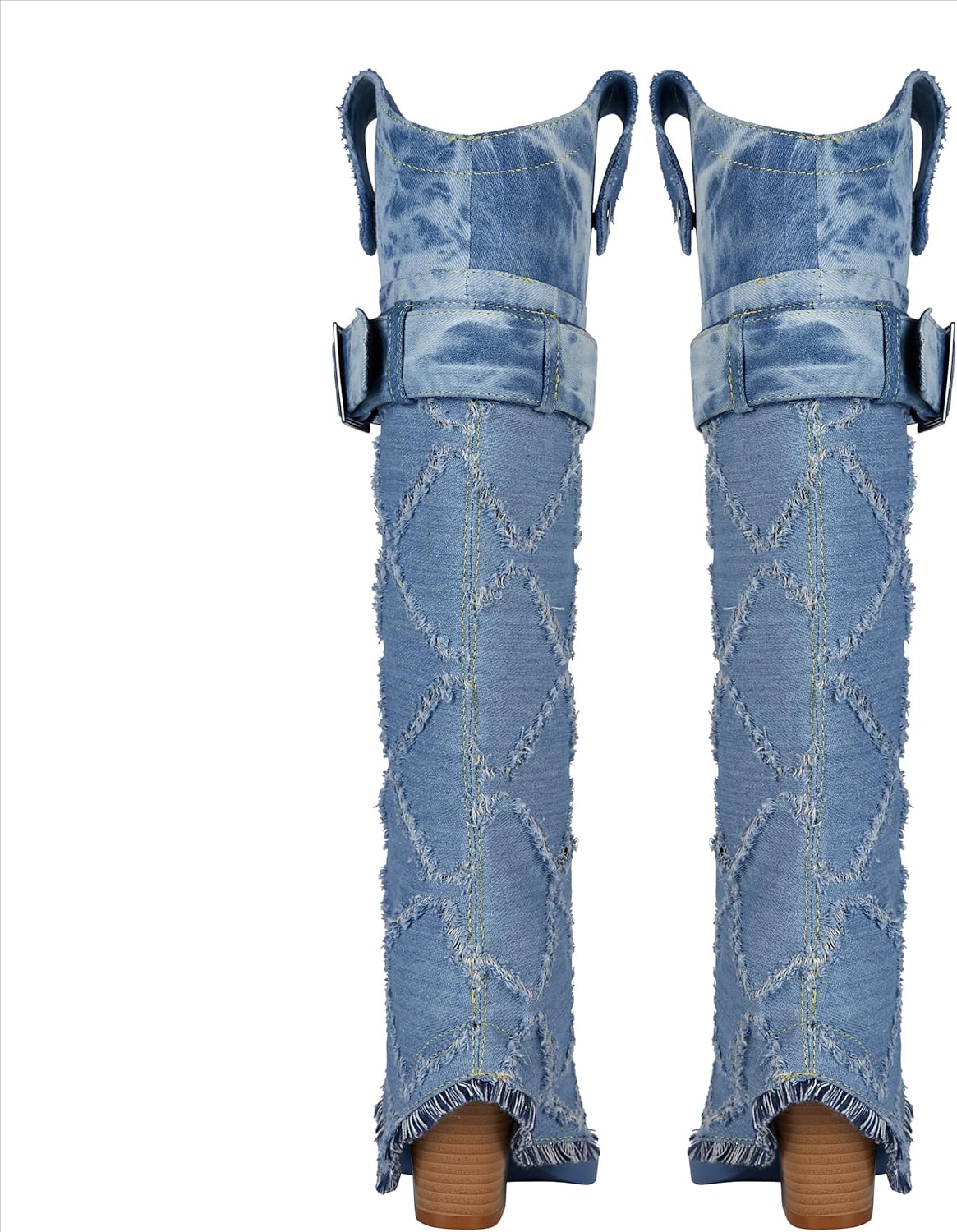 Diamond Textured Blue Denim Knee High Cowboy Boots