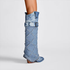 Diamond Textured Blue Denim Knee High Cowboy Boots