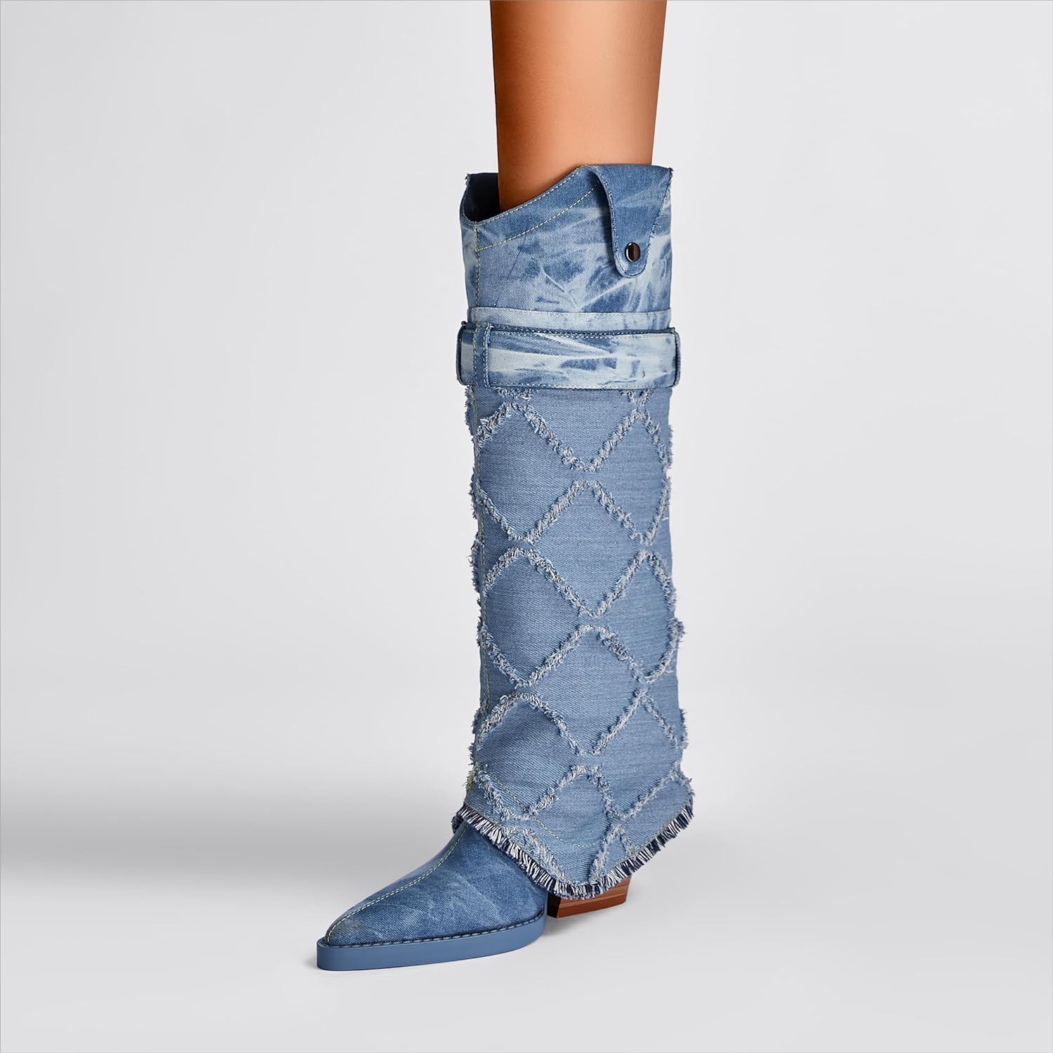 Diamond Textured Blue Denim Knee High Cowboy Boots