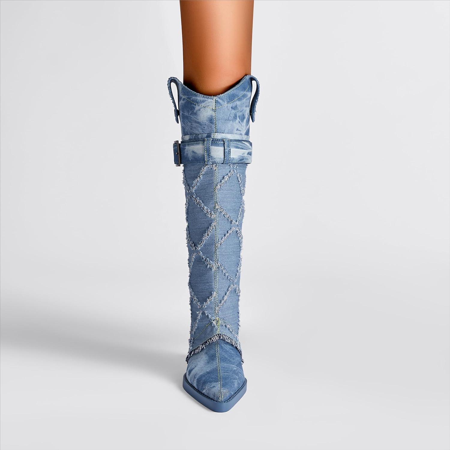 Diamond Textured Blue Denim Knee High Cowboy Boots