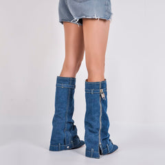 Blue Knee High fold Over Denim Boots