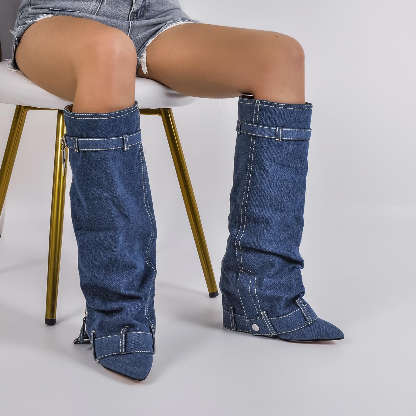 Blue Knee High fold Over Denim Boots