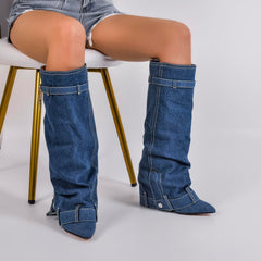 Blue Knee High fold Over Denim Boots