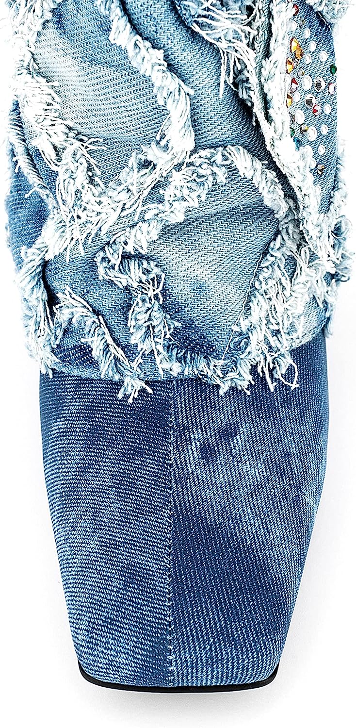 Blue Textured Denim Knee High Embellished Boots