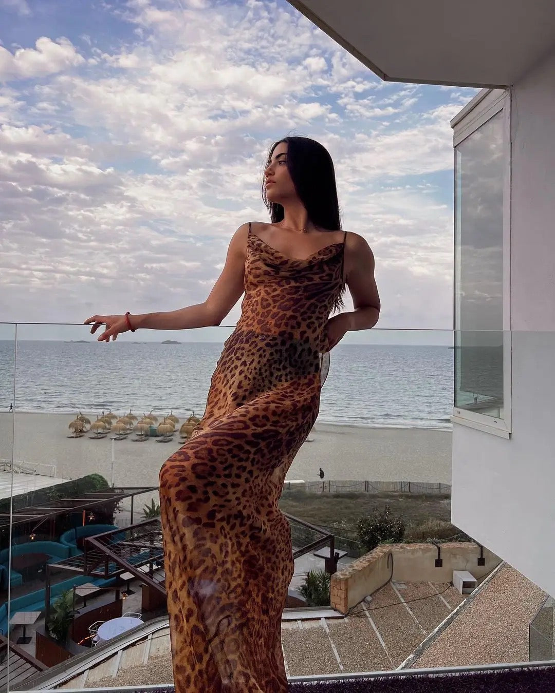 Mesh Sheer Leopard Print Bodycon Maxi Dress